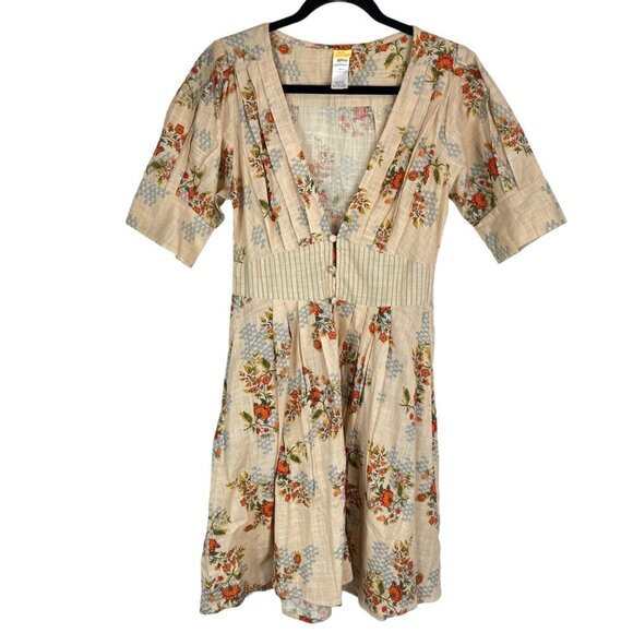 Agua Bendita Menta Sunbaze Floral Print Pleated Mini Dress Beige Size - Picture 3 of 9